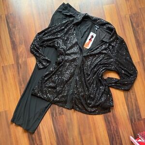 Nina Leonard Womens 3X Black Sequin Button Down Shirt & Matte Jersey Pants Set